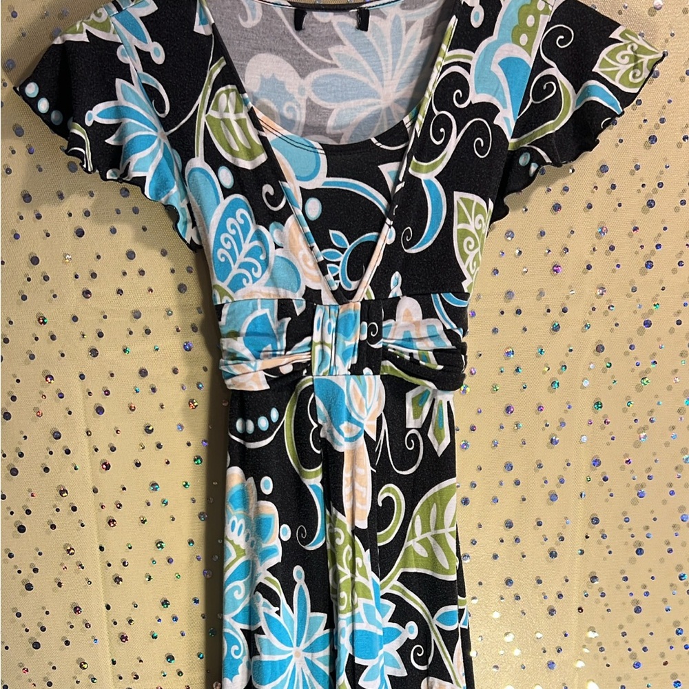 Floral Print Dress with Blue and Green Accents